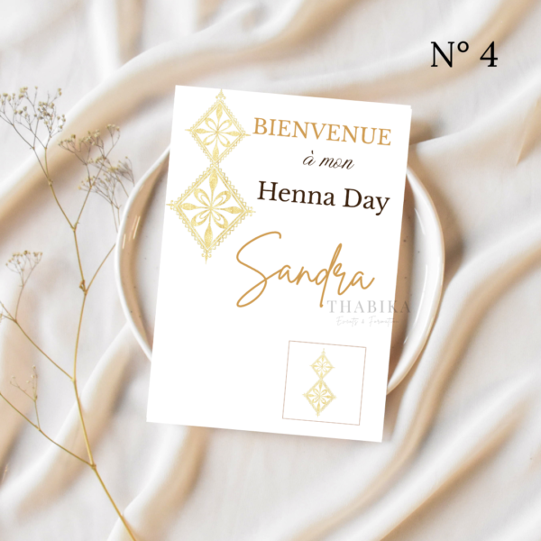 Carte de bienvenue Henna Day personnalisée avec prénom, date et chocolat, idéale pour fête orientale ou EVJF, fabriquée à Persan (95), Val-d'Oise – Thabika Events & formation ( agence thabika )
